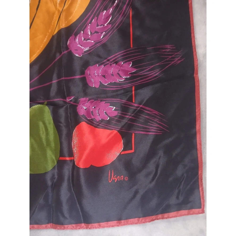 Vera Neumann Vintage Silk‎ Scarf Black Cornucopia Fruit Harvest Made in Japan
